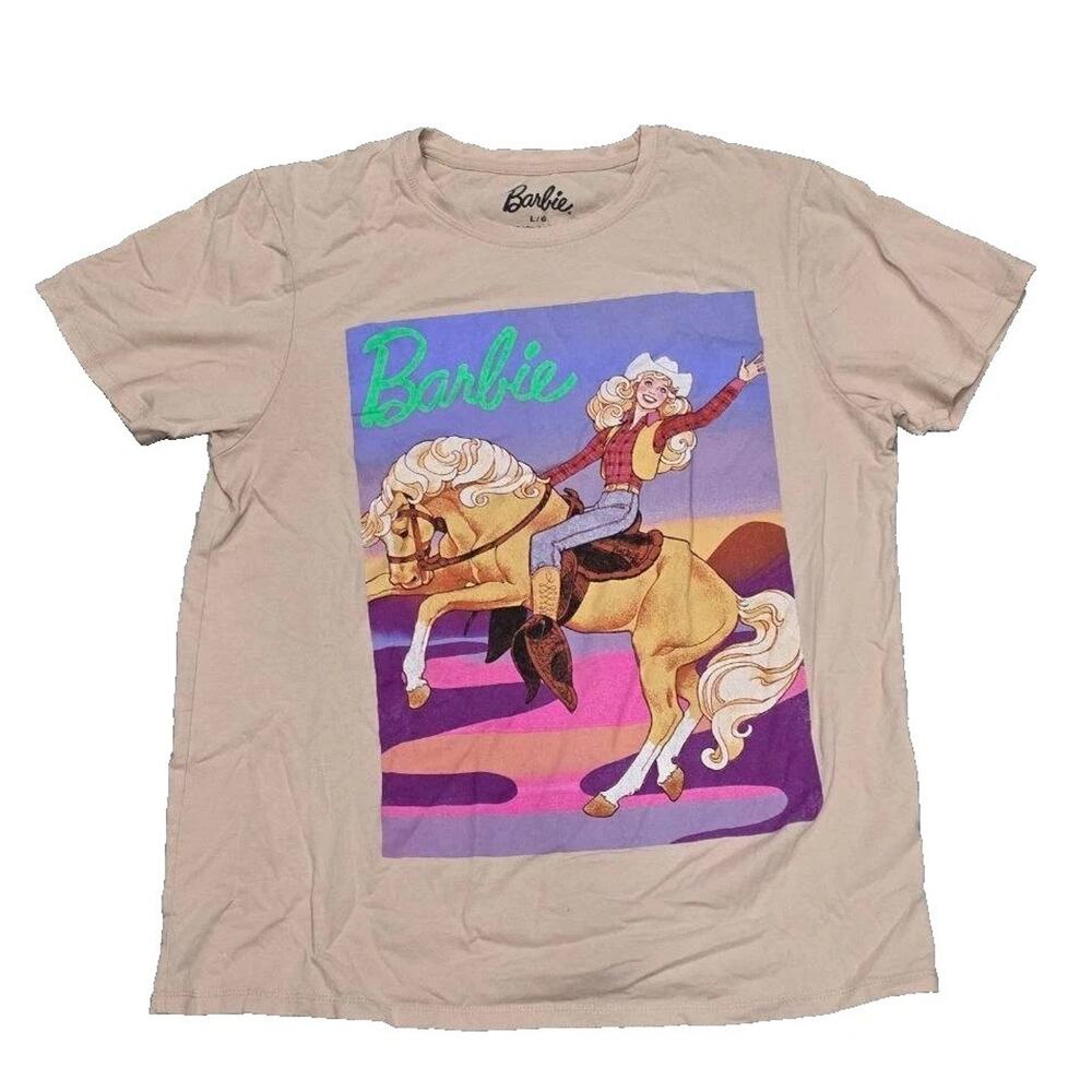 Mattel Barbie Womens Beige Retro Rodeo Cowgirl Graphic T-Shirt Size L A003813
